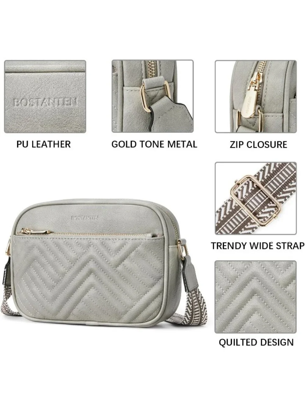 Women's Grey Leather Crossbody Purses Shoulder Handbags with Wide Strap